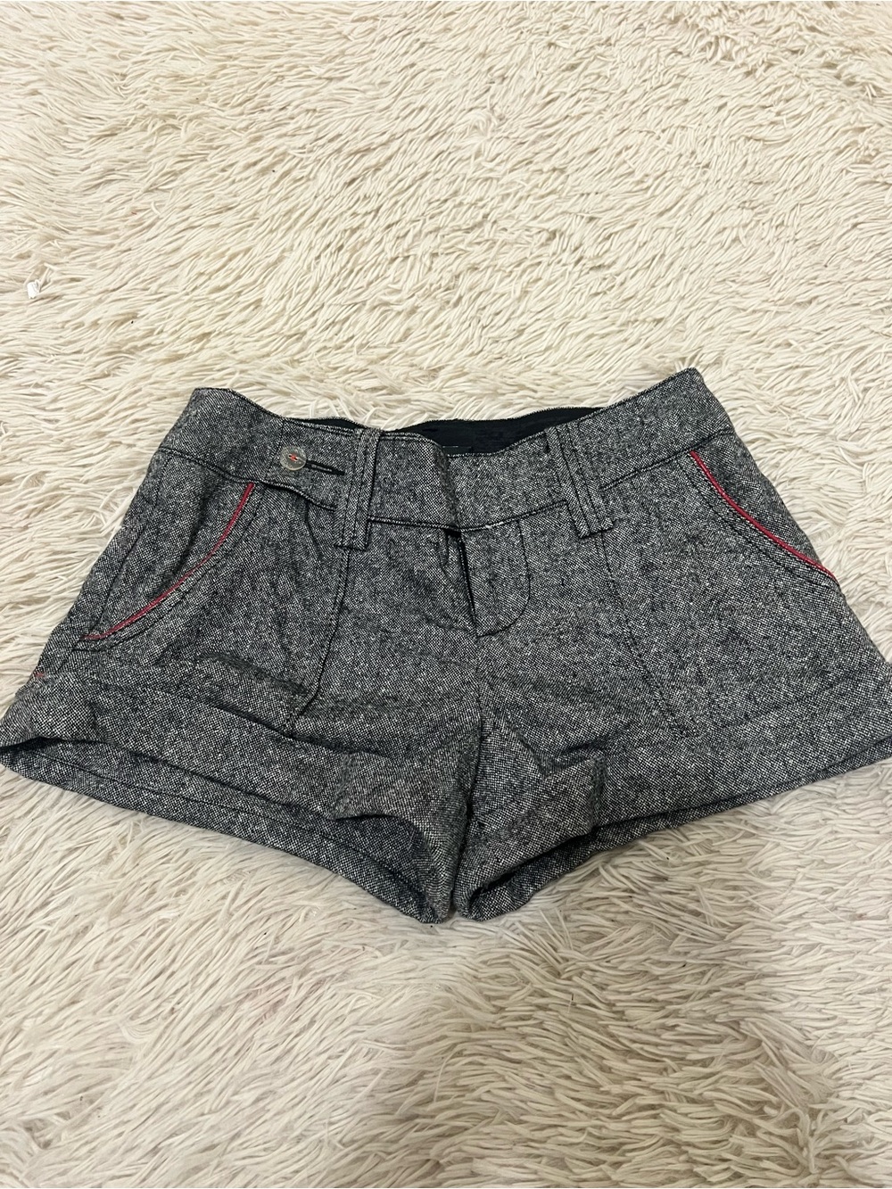 bebe High-Waist Gray Tweed Shorts with Red Trim